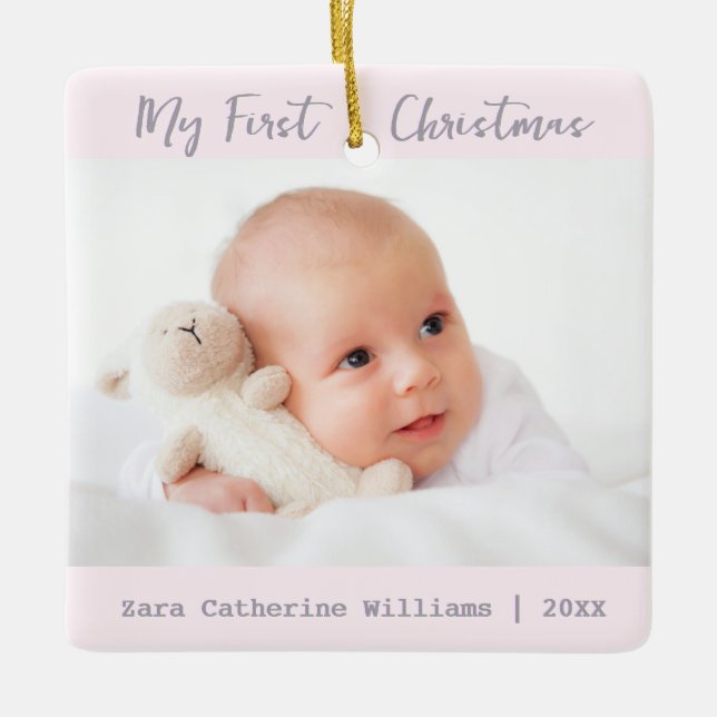 Simple Stylish Minimalist Baby's First Christmas Ceramic Ornament (Front)