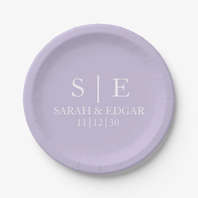 SIMPLE STYLISH MODERN CUSTOMIZED WEDDING LAVENDER PAPER PLATE (Front)