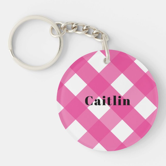 SImple Stylish Modern Pink Check Monogram Key Ring (Front)