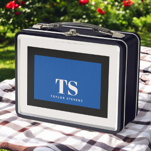 Simple Stylish Monogram Colour Block Blue Black Metal Lunch Box