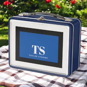Simple Stylish Monogram Colour Block Blue Black Metal Lunch Box