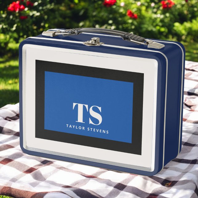 Simple Stylish Monogram Colour Block Blue Black Metal Lunch Box (Creator Uploaded)