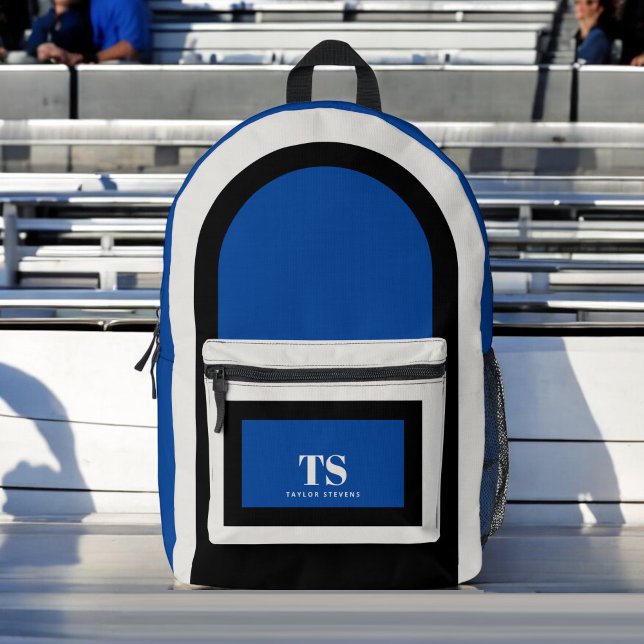 Simple Stylish Monogram Colour Block Blue Black Printed Backpack (Personalize with your monogram initials and name.)