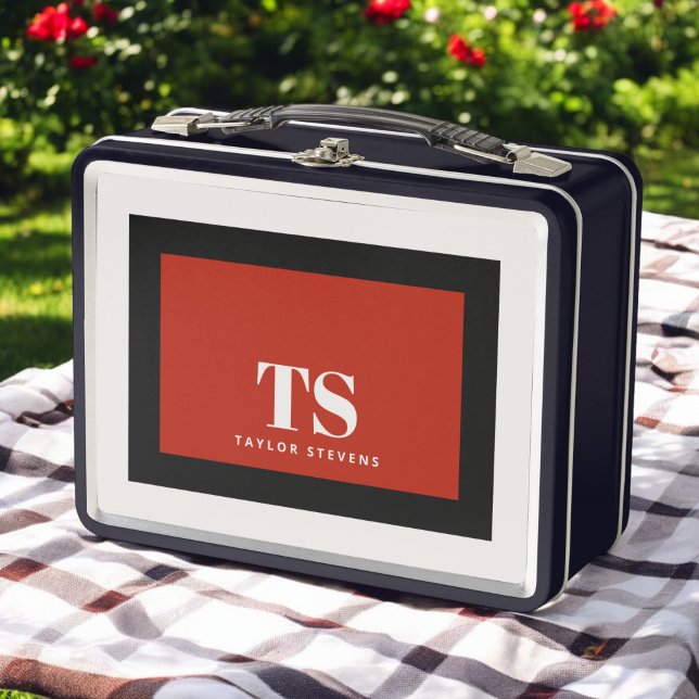 Simple Stylish Monogram Colour Block Red Black Metal Lunch Box (Creator Uploaded)