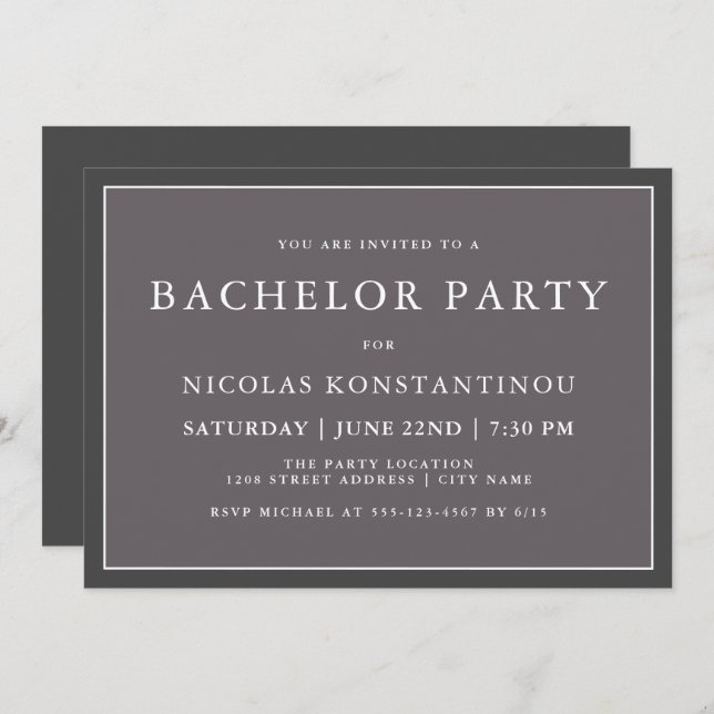 Simple Stylish Neutral Dark Grey Bachelor Party Invitation (Front/Back)