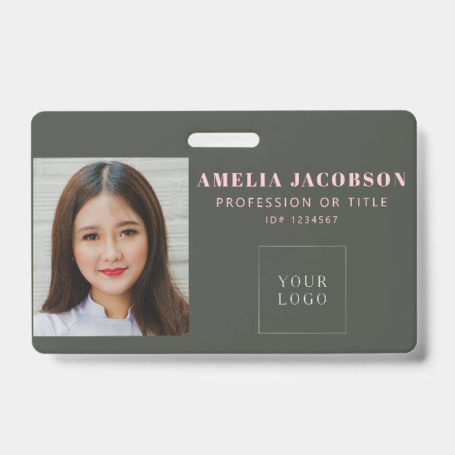 Simple Stylish Pink Green Employee Photo ID Logo Badge (Front)