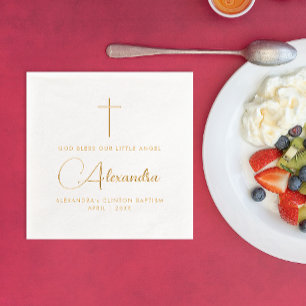 Simple Stylish Religious Baptism Cross Name Script Foil Napkins