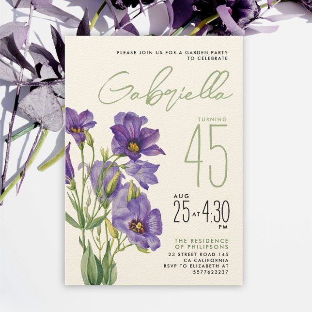 Simple Stylish Sage Green Purple Lisianthus Flower Invitation (Creator Uploaded)