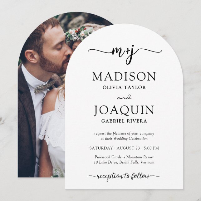 Simple Stylish Script Initials & Photo Wedding Invitation (Front/Back)