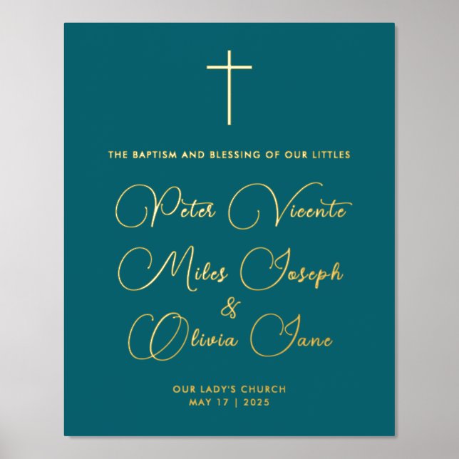 Simple Stylish Teal Religious Triplets Baptism Foil Prints (Front)