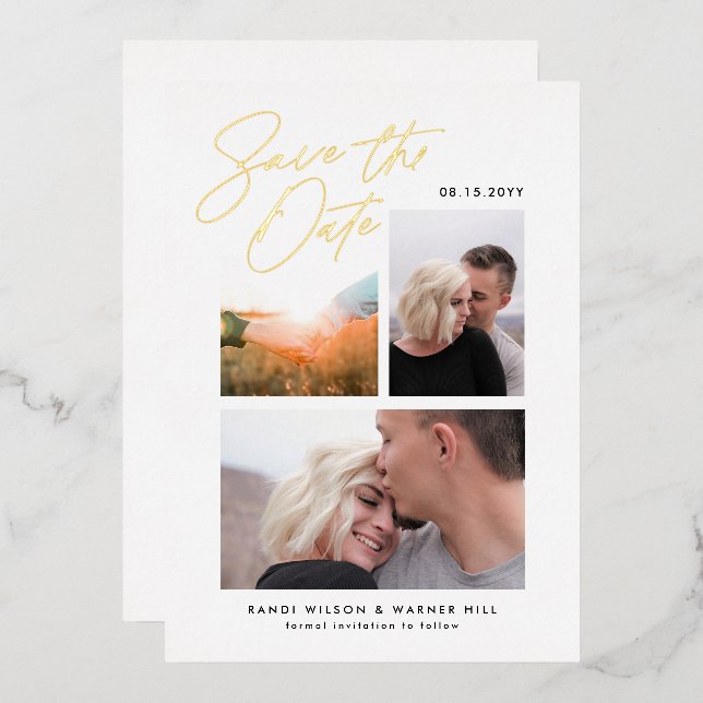 Simple & Stylish Three Photo Save the Date  (Front/Back)