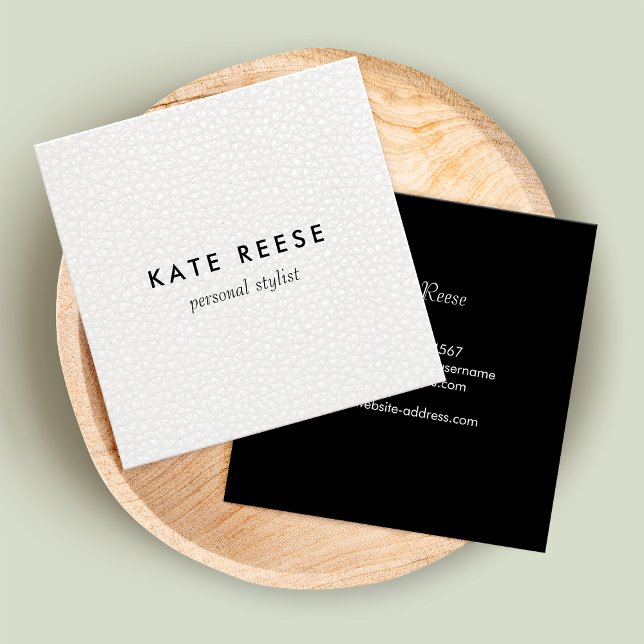 Simple Stylish White Leather Professional Stylist Square Business Card (Creator Uploaded)