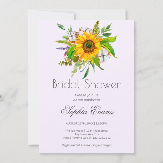 Simple Sunflower and Greenery Purple Bridal Shower Invitation (Front)