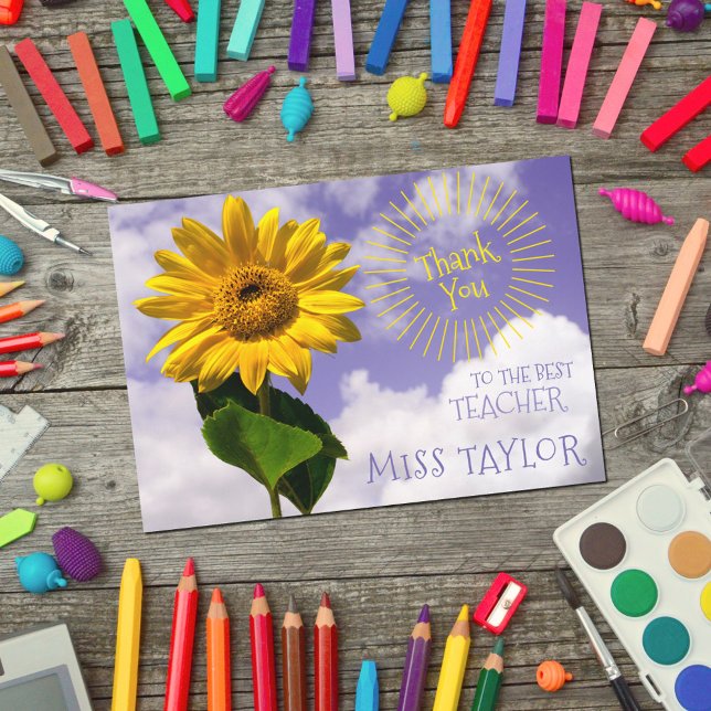Simple Sunflower and Sunrays Thanks Rustic Teacher Thank You Card (Creator Uploaded)