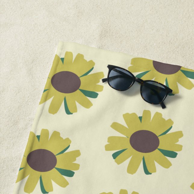 Simple Sunflower Brown Green Yellow Flower Pattern Beach Towel (In Situ)