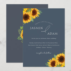 Simple Sunflower Floral Slate Blue Wedding Invitation