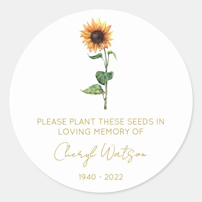 Simple Sunflower Memorial Seed Packet Classic Round Sticker (Front)