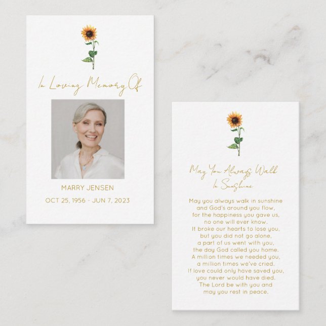 Simple Sunflower Photo Funeral Prayer Card (Front/Back)