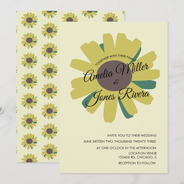 Simple Sunflower Script Greenery Yellow Wedding In Invitation (Front/Back)