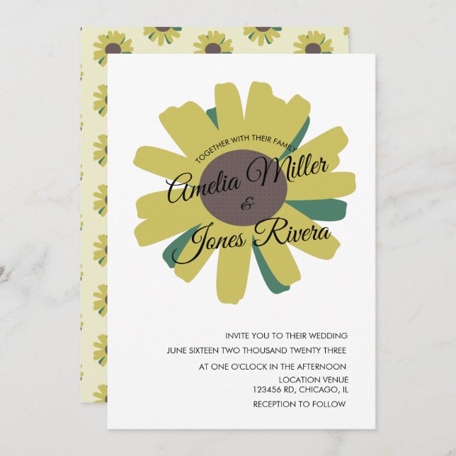 Simple Sunflower Script Greenery Yellow Wedding Invitation (Front/Back)