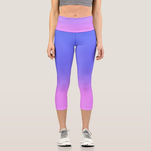 Simple Sunset Ombre Effect Pink Blue Capri Leggings (Front)