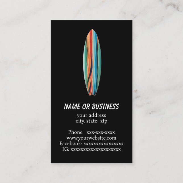 Simple surfboard on black business card (Front)