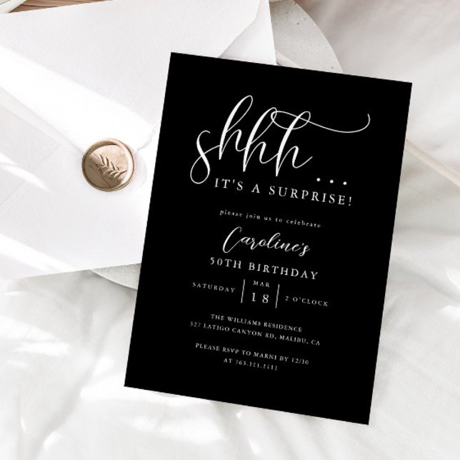 Simple Surprise Birthday Party Black Invitation (Creator Uploaded)
