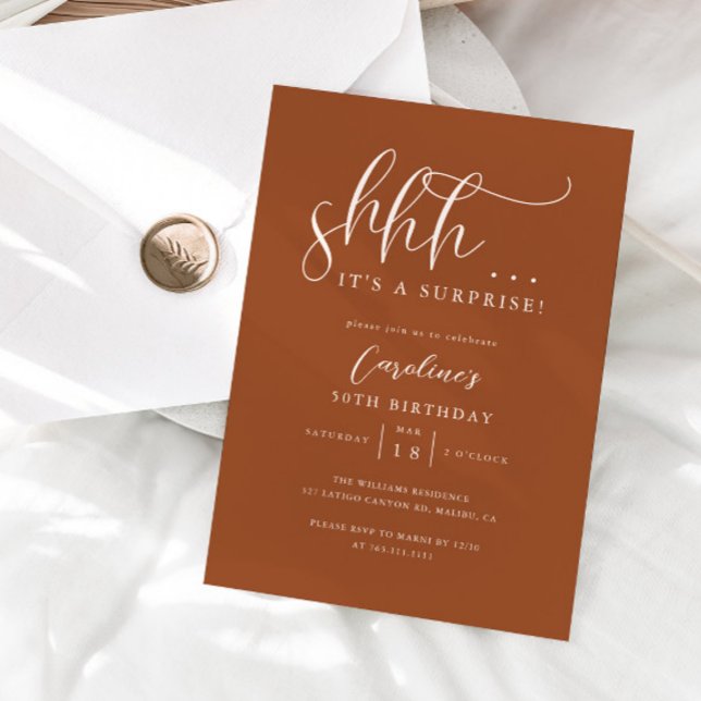 Simple Surprise Birthday Party Terracotta Invitation (Creator Uploaded)