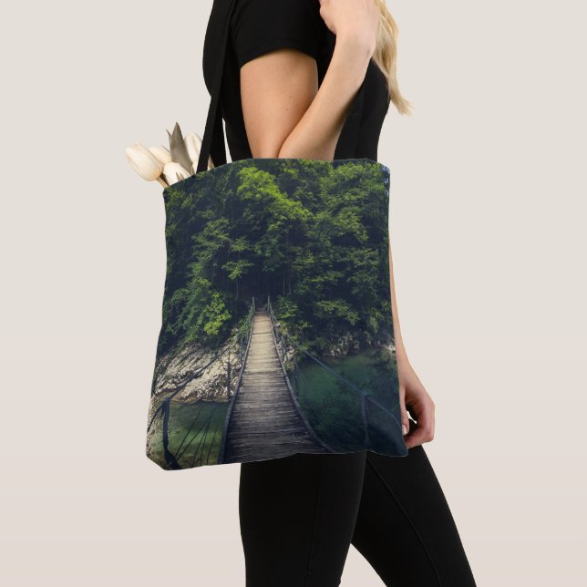 Simple suspension bridge over river Idrijca, Slove Tote Bag (Close Up)