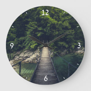 Simple suspension bridge river Idrijca, Slovenia Large Clock
