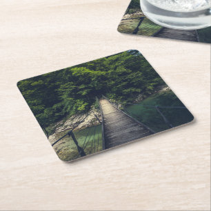 Simple suspension bridge river Idrijca, Slovenia Square Paper Coaster
