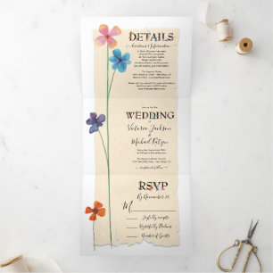 Simple Sweet Pressed Flowers Wedding Tri-Fold Invitation
