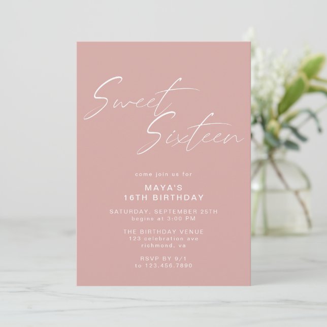 Simple Sweet Sixteen | Blush Pink 16th Birthday Invitation (Standing Front)