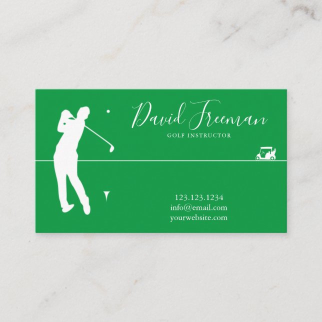 Simple Swing Silhouette Green Golf Instructor Business Card (Front)