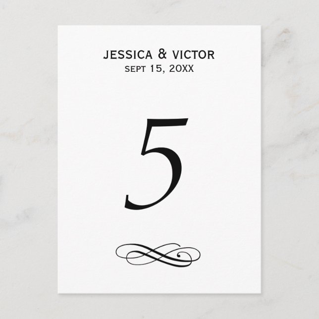 Simple swirl table number card wedding reception (Front)
