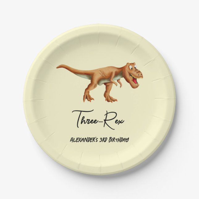 Simple T Rex Dinosaur Third Birthday Party Paper Plate (Front)