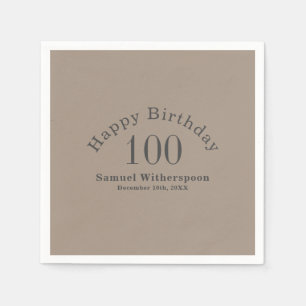 Simple Tan and Charcoal Grey 100th Birthday Napkin