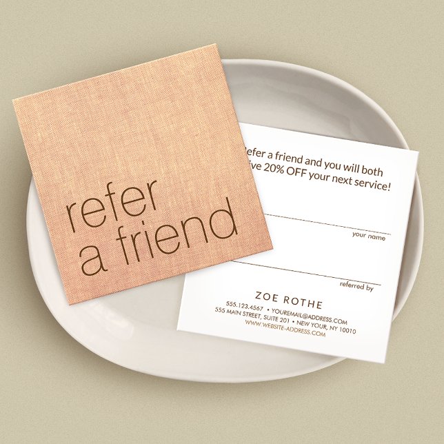 Simple Tan beige Linen Customer Referral Card (Creator Uploaded)