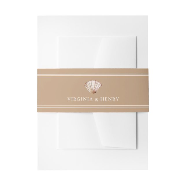 Simple Tan Seashell Beach Wedding Invitation Belly Band (Front Example)