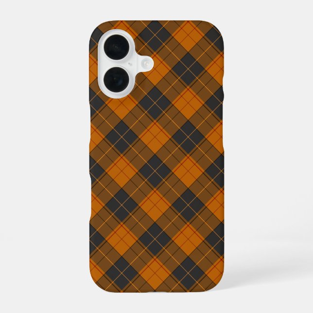 Simple tartan diagonal pattern in dark orange iPhone 16 case (Back)