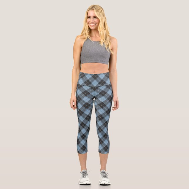 Simple tartan pattern in light blue capri leggings (Front)