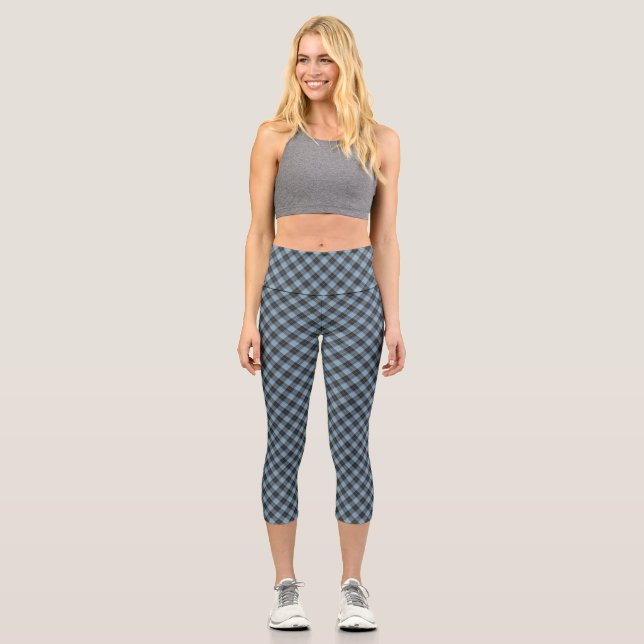 Simple tartan pattern in light blue  capri leggings (Front)