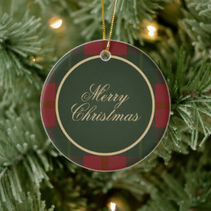 Simple Tartan Plaid Merry Christmas Ceramic Ornament