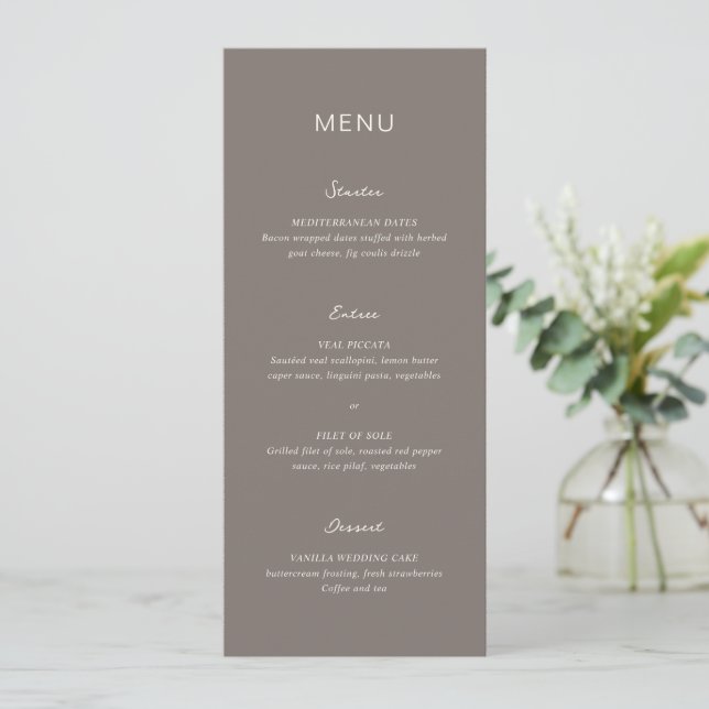 Simple Taupe Elegant Wedding Menu (Standing Front)