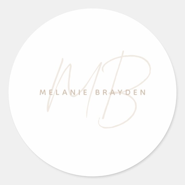 Simple Taupe Minimalist Two Monogram Name Classic Round Sticker (Front)