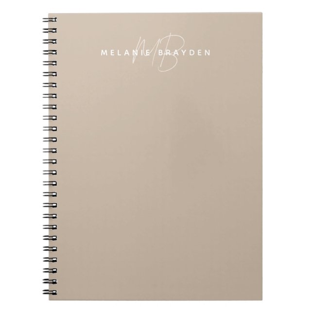Simple Taupe Minimalist Two Monogram Name Notebook (Front)