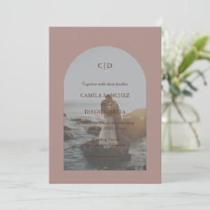 Simple Taupe Photo Boho Arch Modern Wedding Invitation