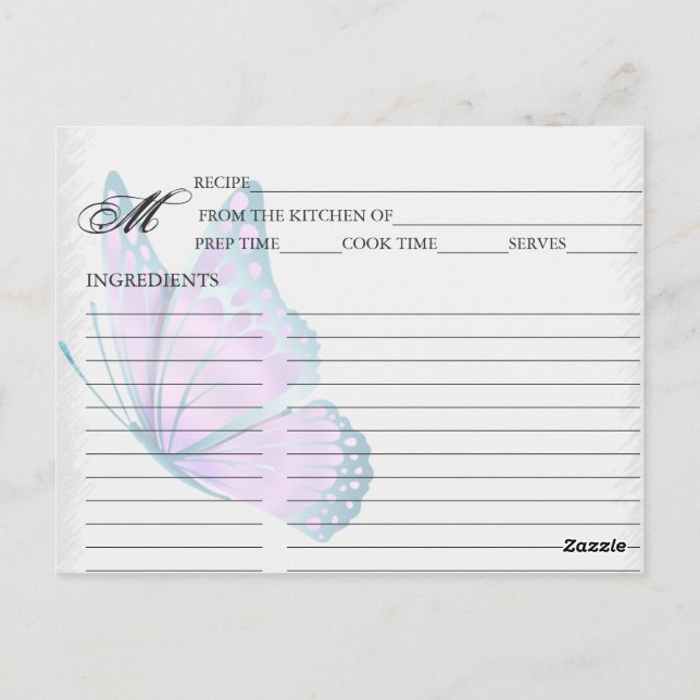 Simple Teal and Mauve Butterfly Recipe Cards (Back)