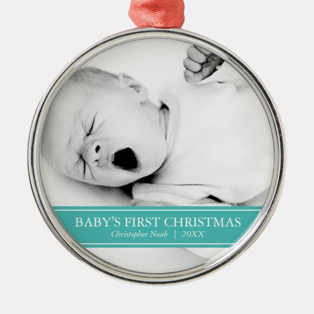 Simple Teal and White Custom Photo Christmas Metal Tree Decoration (Front)