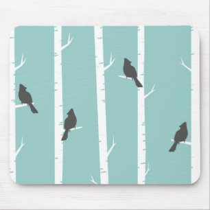 Simple Teal Blue Bird Tree Pattern Mouse Pad
